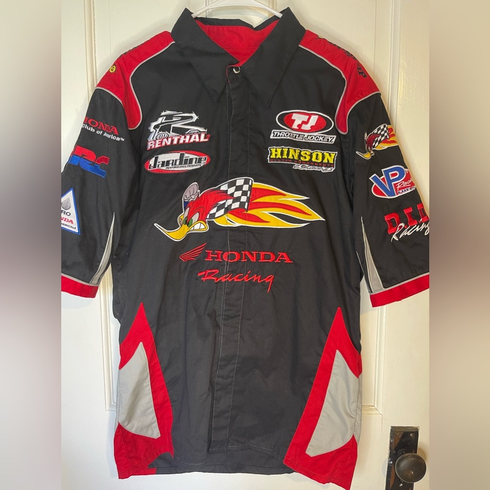 Honda Racing Woody Woodpecker Ride Red Paddock style racing shirt. Youth XL